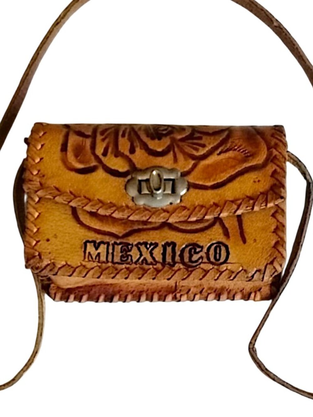 Vintage Handmade Leather Mini Purse Mexico 4"x5.5" 19" Drop